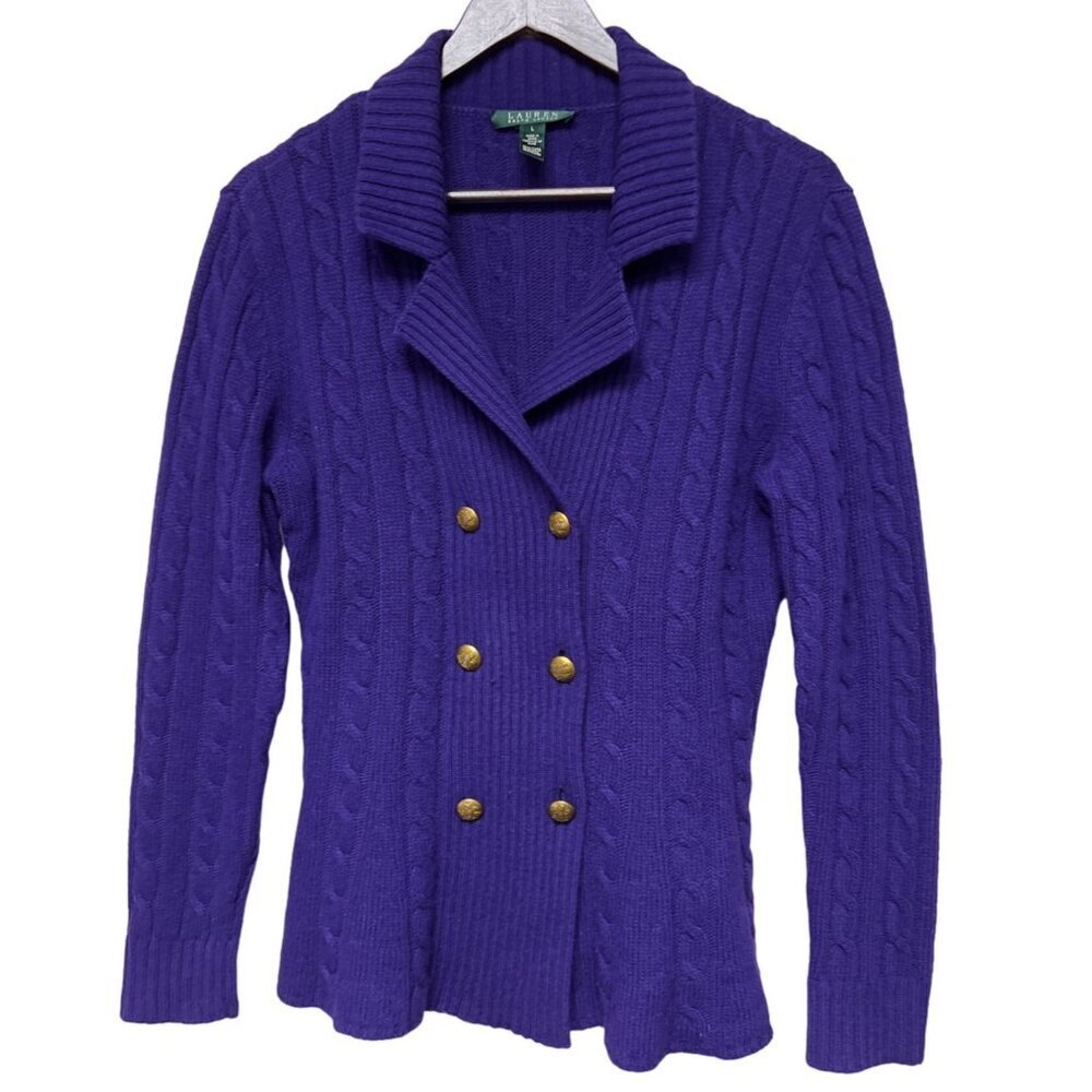 Ralph Lauren Women's Sweater Lambs Wool Double Breasted Purple Cable Knit Large